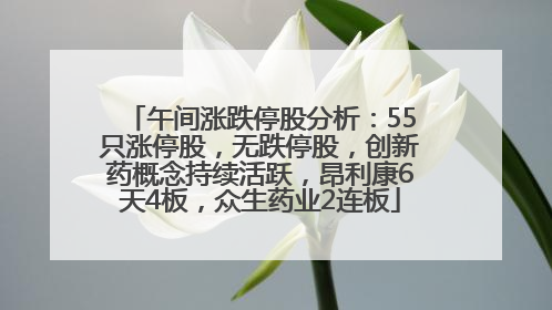 午间涨跌停股分析：55只涨停股，无跌停股，创新药概念持续活跃，昂利康6天4板，众生药业2连板